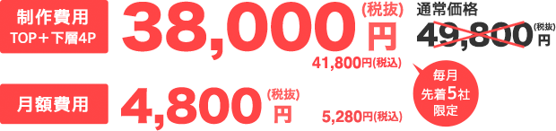 制作費用TOP＋下層4P 38,000円(税抜)　通常価格48,000円(税抜) / 月額費用4,800円(税抜)